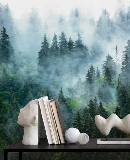 grønt tilpassbart skogtapet veggmaleri kalt Misty Mountain Landscape for kontorer
