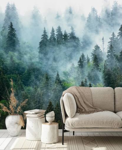 mural verde personalizable de papel pintado de bosque llamado Misty Mountain Landscape para oficinas