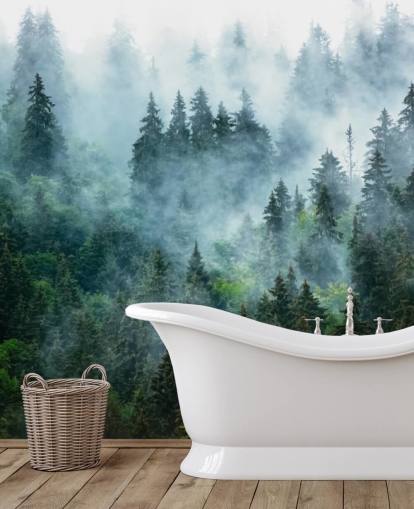 green customizable forest wallpaper mural called Misty Mountain Landscape for offices