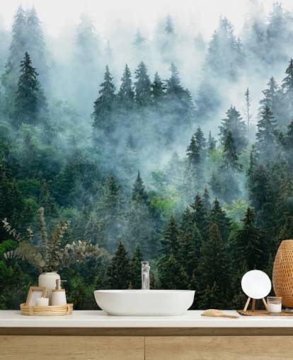 mural verde personalizável de papel de parede florestal chamado Misty Mountain Landscape para escritórios