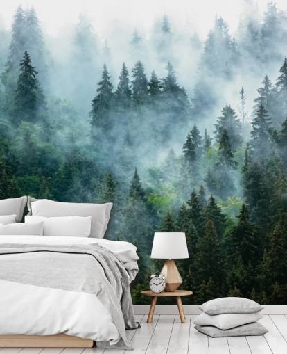 papier peint mural vert personnalisable en forme de forêt appelé Misty Mountain Landscape pour les bureaux