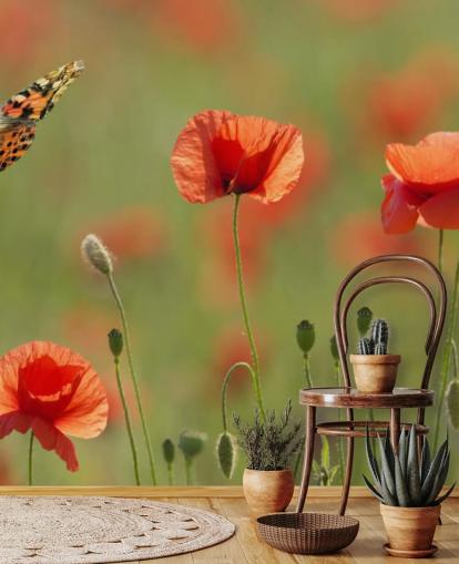 Fotomural Mariposas y amapolas