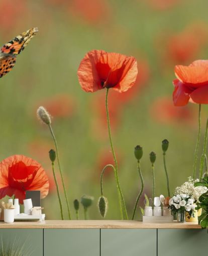 Fotomural Mariposas y amapolas