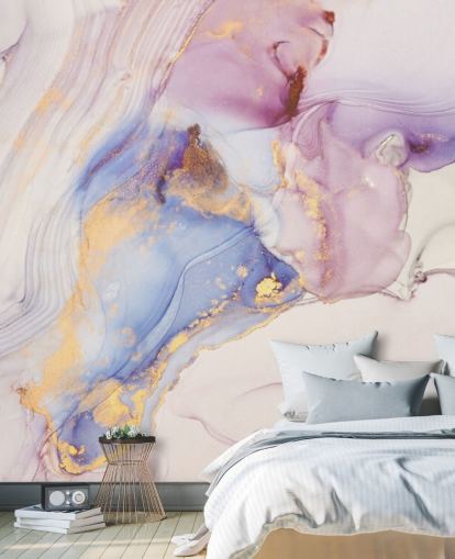 roze en gouden marmeren behangmuurschildering op maat genaamd Dreamy Pastel and Gold voor keukens