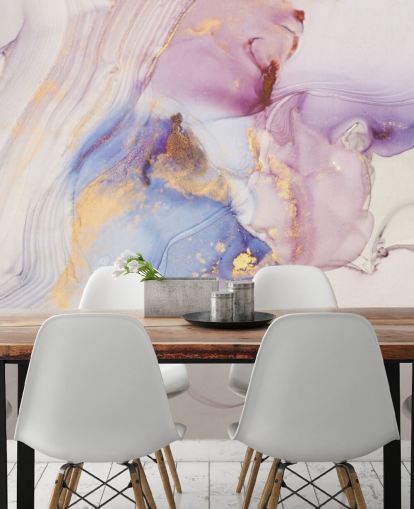 lyserød og guld brugerdefineret marmor tapetmaleri kaldet Dreamy Pastel og Gold til køkkener