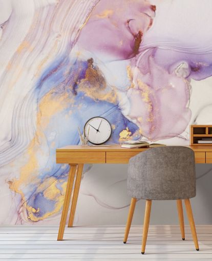 lyserød og guld brugerdefineret marmor tapetmaleri kaldet Dreamy Pastel og Gold til køkkener