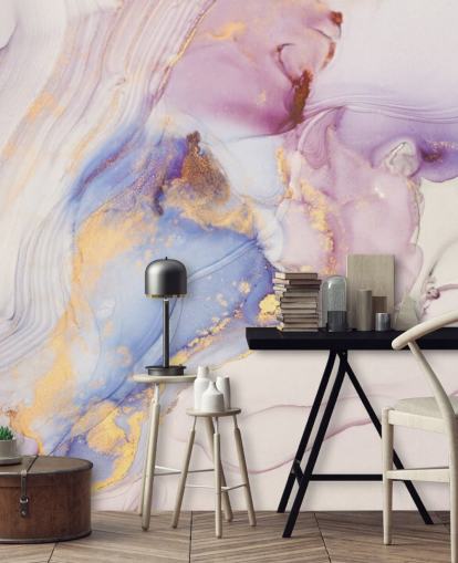 lyserød og guld brugerdefineret marmor tapetmaleri kaldet Dreamy Pastel og Gold til køkkener