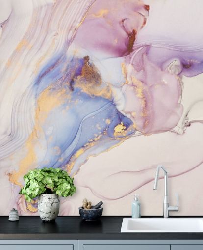 lyserød og guld brugerdefineret marmor tapetmaleri kaldet Dreamy Pastel og Gold til køkkener