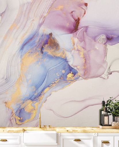 papier peint mural en marbre personnalisé rose et or appelé Dreamy Pastel and Gold pour cuisines