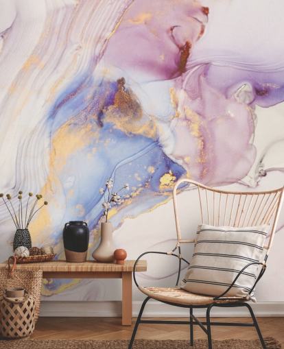 mural de papel pintado de mármol personalizado rosa y dorado llamado Dreamy Pastel and Gold para cocinas