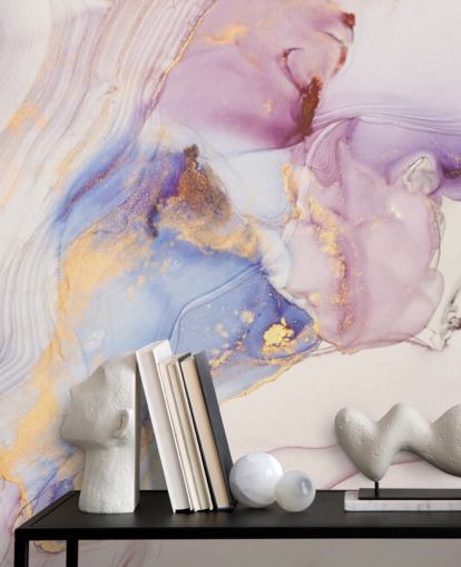 lyserød og guld brugerdefineret marmor tapetmaleri kaldet Dreamy Pastel og Gold til køkkener