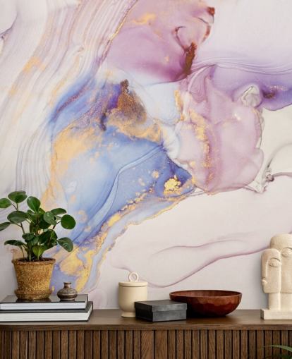 mural de papel pintado de mármol personalizado rosa y dorado llamado Dreamy Pastel and Gold para cocinas