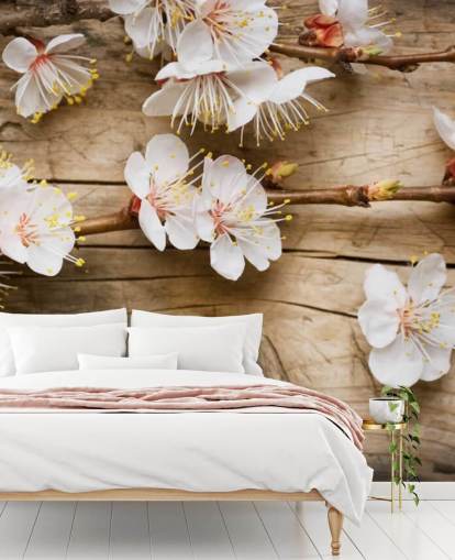 Japanese Blossom Laid on Wood Mural