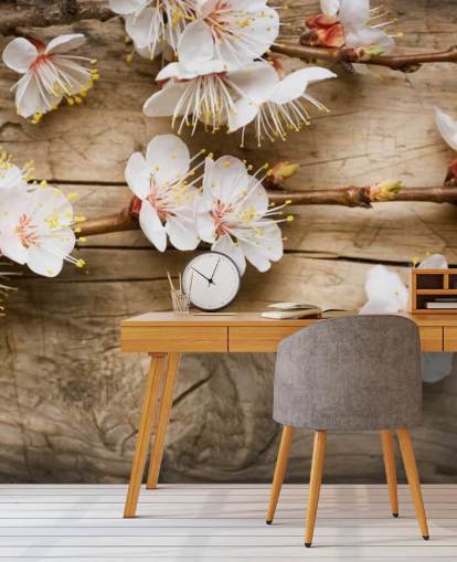 Decorazione murale con fiore giapponese appoggiato su legno Decorazione murale con fiore giapponese appoggiato su legno