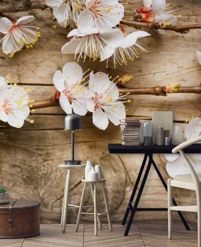 Japanese Blossom Laid on Wood Mural