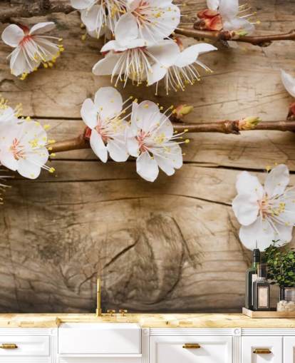 Japanese Blossom Laid on Wood Mural