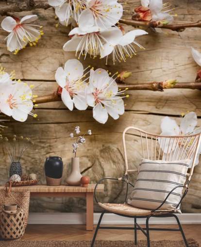 Decorazione murale con fiore giapponese appoggiato su legno