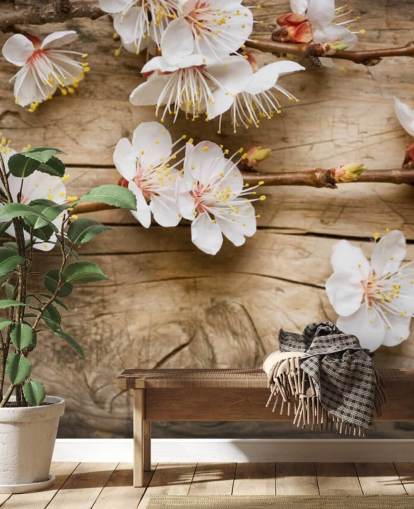 Japanische Blüte auf Holz gelegt Fototapete