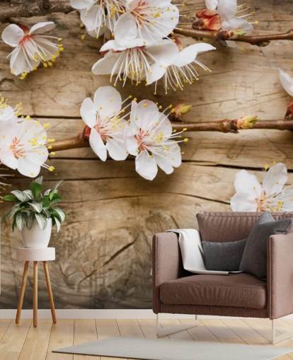Japanese Blossom Laid on Wood Mural