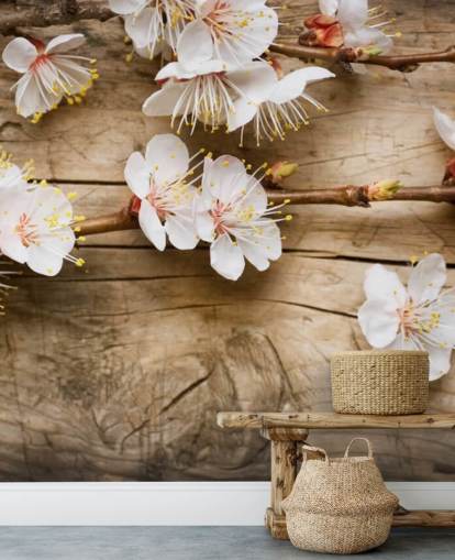 Japanese Blossom Laid on Wood Mural