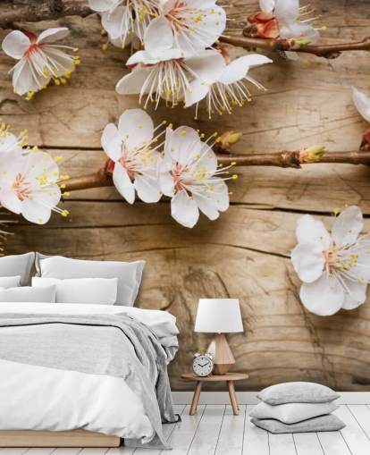 Decorazione murale con fiore giapponese appoggiato su legno Decorazione murale con fiore giapponese appoggiato su legno