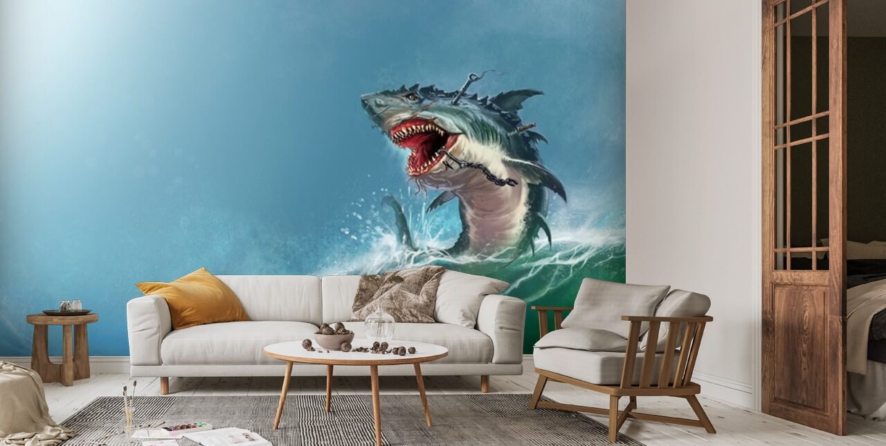 Big monster shark jumping out of the waves realistic illustration. Scary monster  shark attacks. | Wallsauce FI