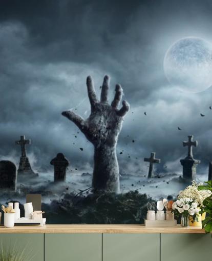 Zombiehand stiger ut ur en kyrkogård i spöklik natt tapet Zombiehand stiger ut ur en kyrkogård i spöklik natt tapet