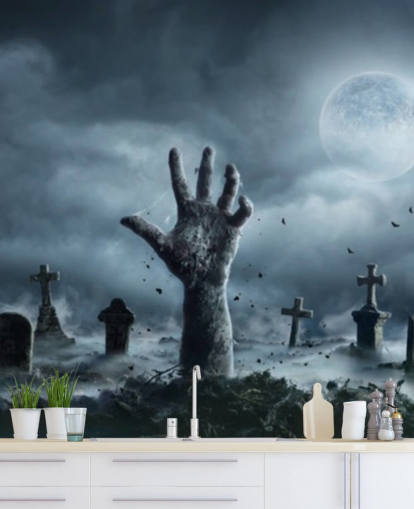 Fond d'écran Zombie Hand sortant d'un cimetière dans une nuit effrayante