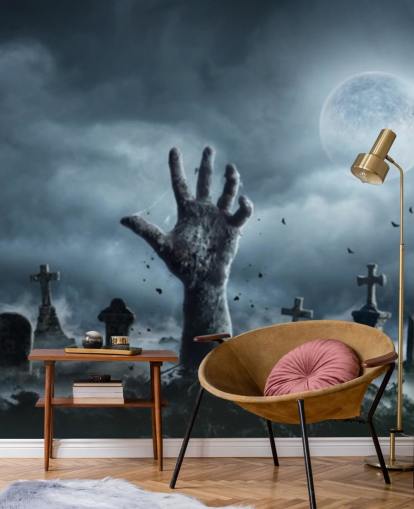 Hintergrundbild: Zombie-Hand erhebt sich in gruseliger Nacht aus einem Friedhof
