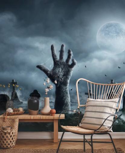 Hintergrundbild: Zombie-Hand erhebt sich in gruseliger Nacht aus einem Friedhof Hintergrundbild: Zombie-Hand erhebt sich in gruseliger Nacht aus einem Friedhof