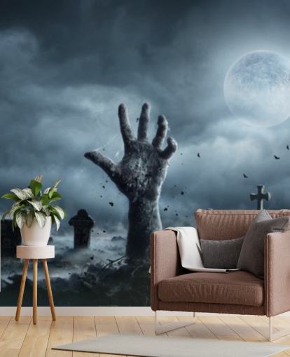 Sfondo di una mano di zombi che esce da un cimitero in una notte spettrale