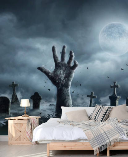 Fond d'écran Zombie Hand sortant d'un cimetière dans une nuit effrayante