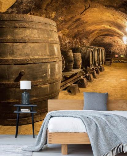 mural de papel de parede de adega 3D marrom chamado Old Wooden Barrels in the Wine Cellar para cozinhas