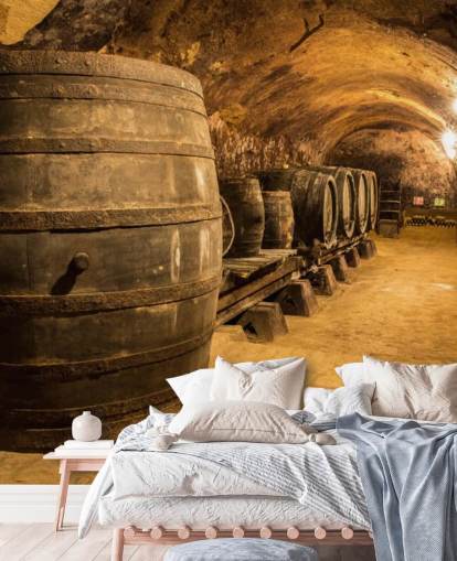 brown 3d wine cellar wallpaper mural called Old Wooden Barrels in the Wine Cellar for kitchens