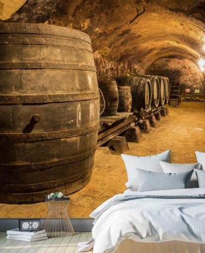 mural de papel de parede de adega 3D marrom chamado Old Wooden Barrels in the Wine Cellar para cozinhas