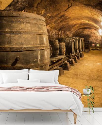 papier peint mural de cave à vin 3D marron appelé Old Wooden Barrels in the Wine Cellar pour cuisines