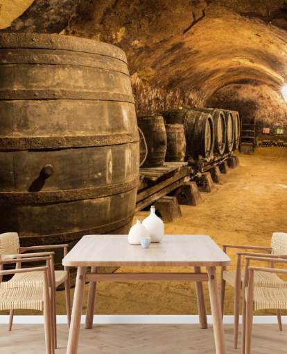 carta da parati murale marrone 3D per cantina vini chiamata Old Wooden Barrels in the Wine Cellar per cucine
