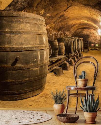 mural de papel de parede de adega 3D marrom chamado Old Wooden Barrels in the Wine Cellar para cozinhas