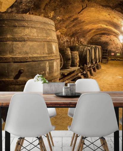 brown 3d wine cellar wallpaper mural called Old Wooden Barrels in the Wine Cellar for kitchens