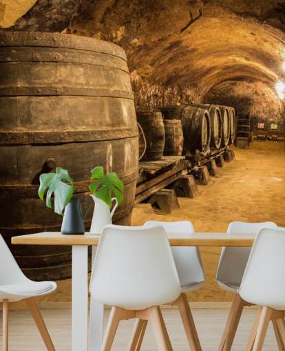 mural marrón de papel pintado de bodega en 3D llamado Old Wooden Barrels in the Wine Cellar para cocinas