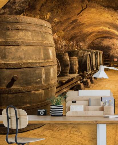 brown 3d wine cellar wallpaper mural called Old Wooden Barrels in the Wine Cellar for kitchens