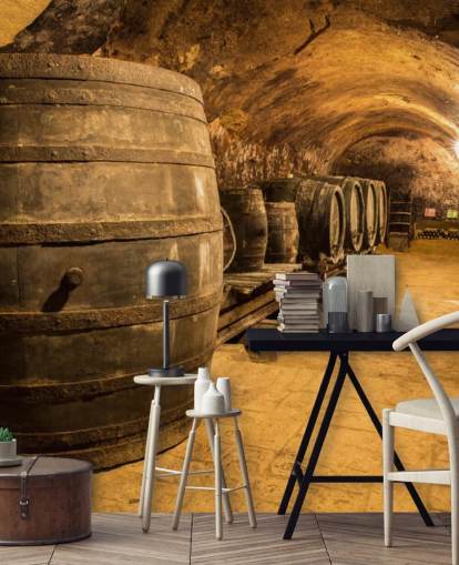 brown 3d wine cellar wallpaper mural called Old Wooden Barrels in the Wine Cellar for kitchens