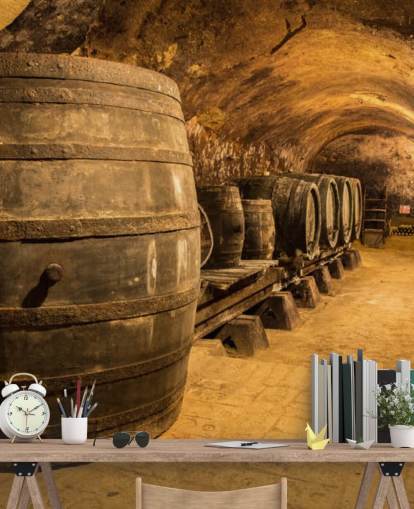 carta da parati murale marrone 3D per cantina vini chiamata Old Wooden Barrels in the Wine Cellar per cucine