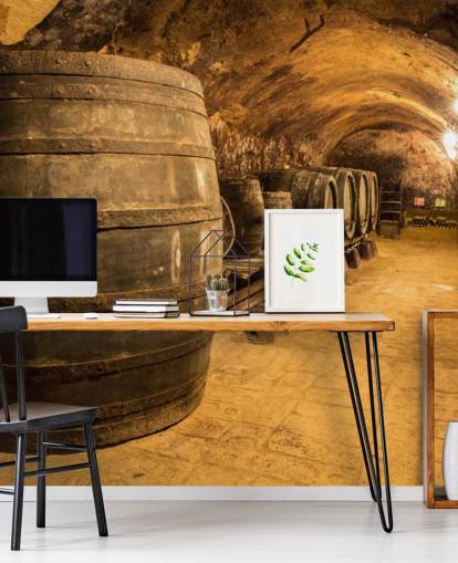 papier peint mural de cave à vin 3D marron appelé Old Wooden Barrels in the Wine Cellar pour cuisines