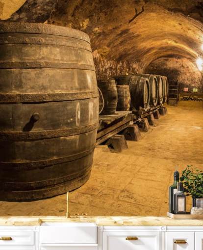 mural marrón de papel pintado de bodega en 3D llamado Old Wooden Barrels in the Wine Cellar para cocinas