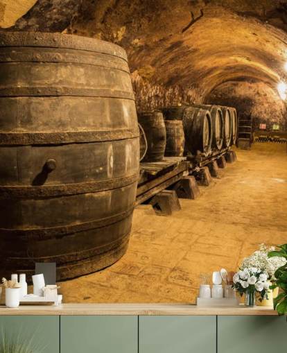 mural marrón de papel pintado de bodega en 3D llamado Old Wooden Barrels in the Wine Cellar para cocinas