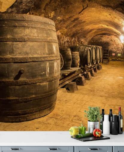 papier peint mural de cave à vin 3D marron appelé Old Wooden Barrels in the Wine Cellar pour cuisines