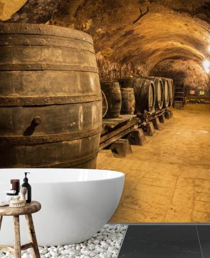 mural de papel de parede de adega 3D marrom chamado Old Wooden Barrels in the Wine Cellar para cozinhas