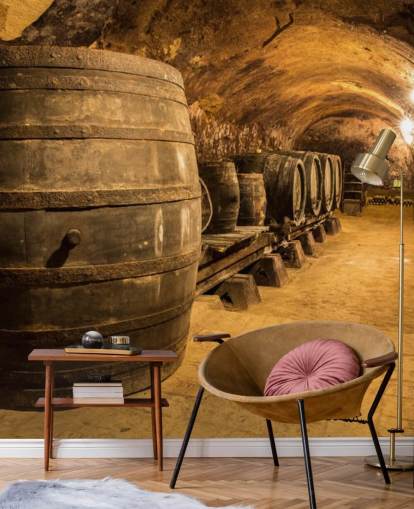 mural de papel de parede de adega 3D marrom chamado Old Wooden Barrels in the Wine Cellar para cozinhas mural de papel de parede de adega 3D marrom chamado Old Wooden Barrels in the Wine Cellar para cozinhas