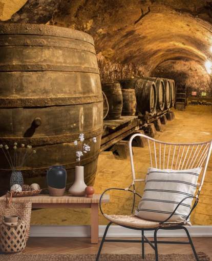brown 3d wine cellar wallpaper mural called Old Wooden Barrels in the Wine Cellar for kitchens